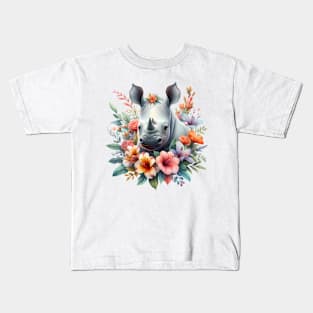 A rhino decorated with beautiful colorful flowers. Kids T-Shirt